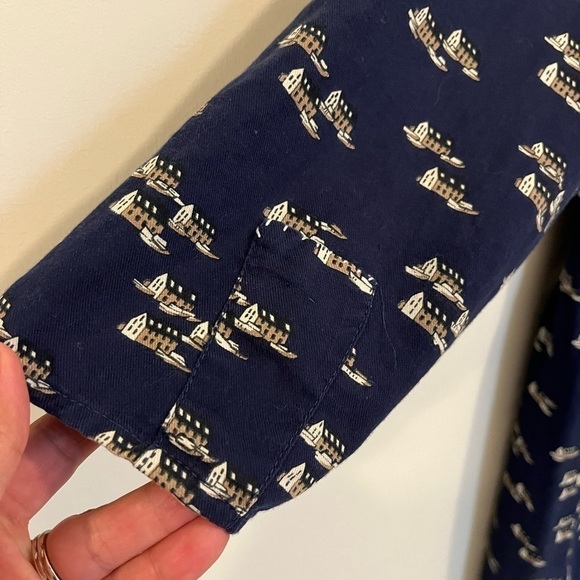 NAVY Blue Vintage Cotton Midi Dress Nautical Boats and Harbour Print Coastal - Picture 10 of 12